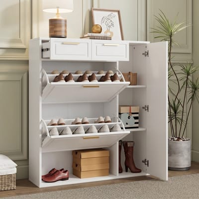 Schoenenkast - 95x24x107,5 cm wit - verstelbare planken & gouden handgrepen - 2 laden & klapdeuren - ruimte voor 10-15 paar