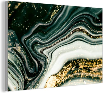 Wanddecoratie Metaal - Aluminium Schilderij Industrieel - Marmerlook - Goud - Groen - Glitter - Design - Marmer - 180x120 cm - Dibond - Foto op aluminium - Industriële muurdecoratie - Voor de woonkamer/slaapkamer