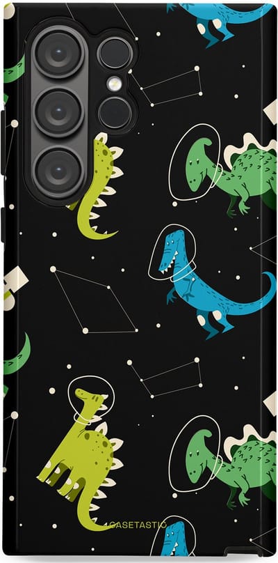 Casetastic hoesje geschikt voor Samsung Galaxy S23 Ultra - Dubbellaagse bescherming - Dino in de sterren - Fashion Case - Zwart Groen