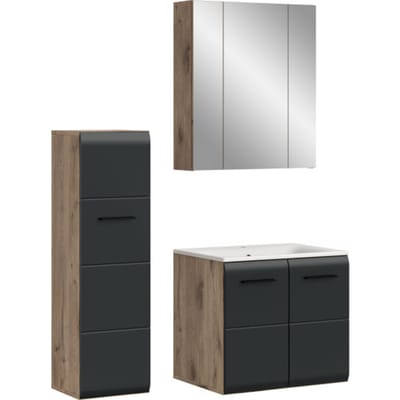 Moderne badcombinatie met spiegelkast en wastafel - Zwart mat en Nox Oak design - 105x185x46cm