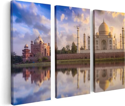 Artaza Canvas Schilderij Drieluik Taj Mahal bij het Water in India - 120x80 cm - Wanddecoratie Woonkamer - Schilderijen - Muurdecoratie