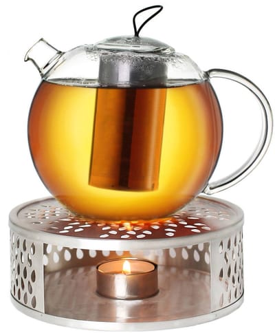 Creano glazen theepot 1,5l Jumbo + een rvs theelicht, 3-delige glazen theepot met geïntegreerd roestvrijstalen filter en glazen deksel, ideaal voor het zetten van losse thee, druppelvrij