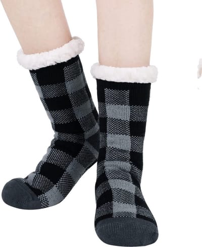 Budino® Huissokken - Verwarmde sokken - Antislip Sokken - Warme Sokken - Dikke Sokken - Anti Slip - Fluffy Sokken - Dames en Heren - Geruit zwart
