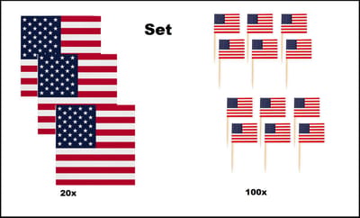 20x Servetten USA 33cm x 33cm 3 laags + 100x Cocktailprikkers USA - Amerika set - VS thema feest voetbal