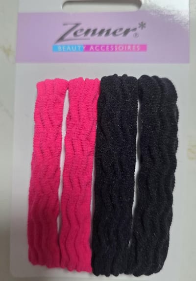 Zenner - 4 haarelastieken metaalvrij - soft - zwart en roze - met ribbel tegen uitzakken
