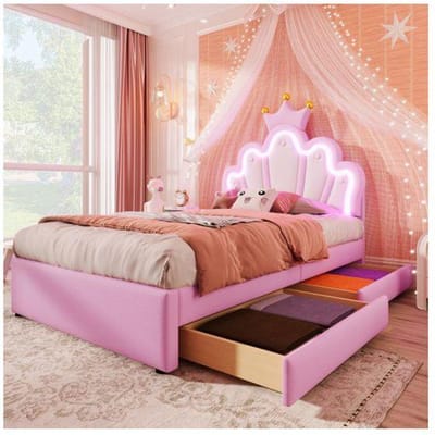 Matrasbed - MUVOE - 90 x 200 cm - Roze PU - Praktische lades - Verstelbaar hoofdeinde roze