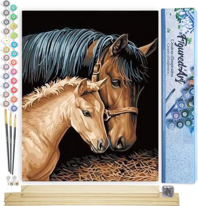 Figured'Art Schilderen op Nummer Volwassenen canvas Paard en veulen - Handwerk acrylverf Kit DIY Compleet - 40x50cm met DIY houten lijst
