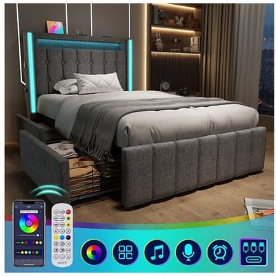 Merax Gestoffeerd bed 90 x 200 cm met 2 lades - USB, Type C stopcontacten en LED verlichting - Linnenstof - Grijs (zonder matras)