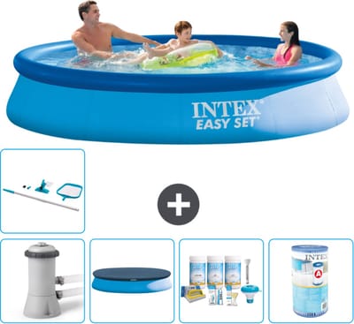 Intex Rond Opblaasbaar Easy Set Zwembad - 366 x 76 cm - Blauw - Inclusief Pomp - Afdekzeil - Onderhoudspakket - Filter - Schoonmaakset - 6-delig