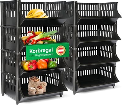 Novaliv 8-delige zwarte mandenplank, stapelbaar en uitbreidbaar, planken voor voorraadkast, voedselplank, fruitplank, kelderopslagsysteem, appelplank, stapelmand, stapelplank van kunststof