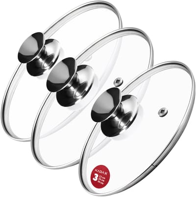 KADAX Pandekselset, universeel deksel van glas met handvat, hittebestendige dekselset in verschillende maten, pannendekselset, glazen deksel voor pan, 22 + 26 + 30 cm, zilveren handgreep