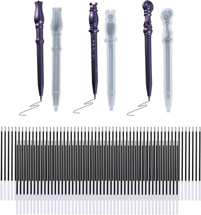Complete set van 108 stuks met penvormige siliconen mallen, 100 zwarte balpennen en 5 plastic druppelaars voor het maken van unieke harsmallen en creatieve projecten