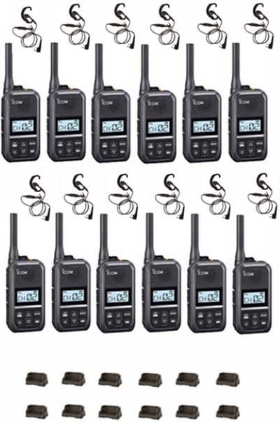 Set van 12 Icom IC-U20SR IP54 mini Portofoon met tafel lader en C-ring oortje