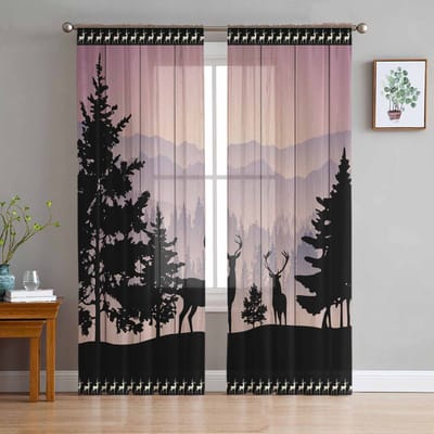 Rideaux Voilages Silhouette Forêt en Bois Animal Cerf Coucher de Soleil pour Décor de Salon Rideaux de Fenêtre Cuisine Rideaux Tulle Voile W135 x H115cm x1 gray