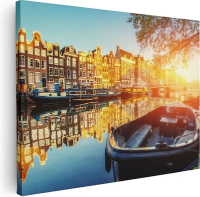 Artaza Canvas Schilderij Amsterdamse Grachten - 40x30 cm - Klein - Wanddecoratie Skyline - Muurdecoratie Zon - Kamer Accessoires Boot