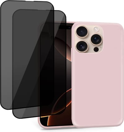 Geschikt voor Apple iPhone 16 Pro - Hoesje + 2x Privacy Screenprotector – Privé Gehard Glas Cover - Suède Case Rose