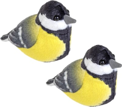 Wild Republic pluche koolmees - 2x - 14 cm - vogel knuffel - zachte knuffels - met geluid