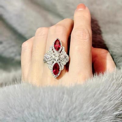 Luxe Ruitvormige Robijn Ringen Voor Vrouwen Volledig Bezet Met Diamanten Dubbelkoppige Rode Edelsteen Verlovingsring Exquise Fijne Sieraden resizable brown