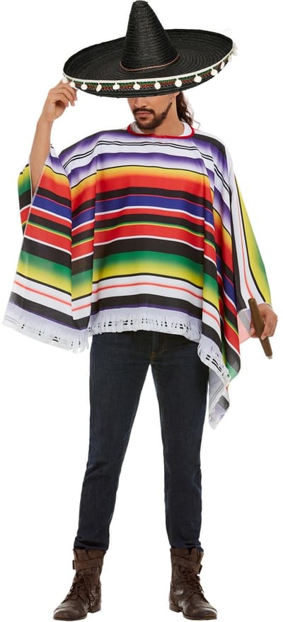Carnaval verkleed set Mexicaan - gekleurde one size poncho - Sombrero hoed zwart dia 60 cm