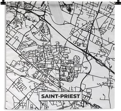 Wandkleed - Wanddoek - Stadskaart - Saint-Priest - Plattegrond - Kaart - Frankrijk - Zwart wit - 180x180 cm - Wandtapijt