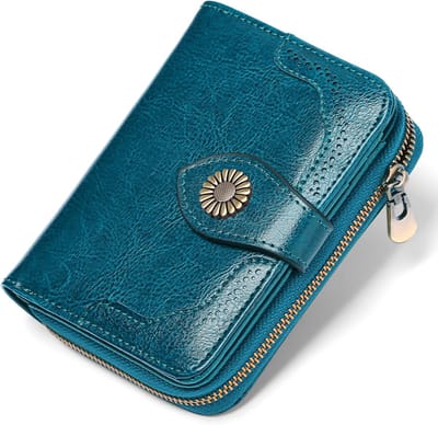 Lederen portemonnees voor vrouwen, RFID-blokkerende kleine portefeuilles voor vrouwen, damesportemonnee met meerdere kaartsleuven en ritsvak, A-aa-blauw, S, Klassiek