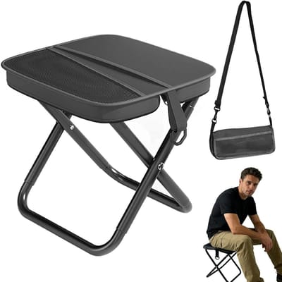 Opvouwbare Campingkruk met Opbergtas, 150 kg Draagvermogen, Ideaal voor Kamperen, Vissen en Wandelen - 28 × 26 × 26 cm (Zwart)