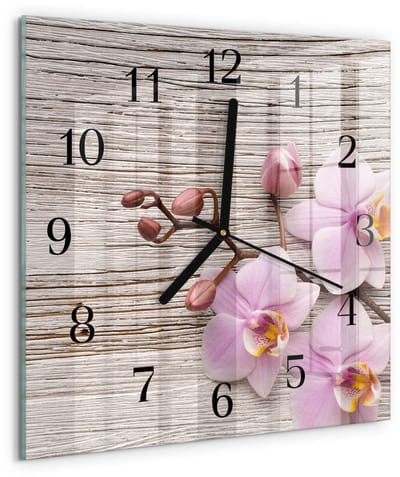 Tulup Wandklok - Orchidee Decoratieve Glazen Klok - 30x30 cm - Paars Glazen Wandklok Design - Zwarte Handen - Vierkante Wandklok - Glazen Wandklok Design - Klok Glas Met Opdruk