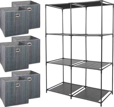 5Five Kastmandjes/opberg manden - grijs - 6x van 29 Liter - Metalen rekje is 68 x 104 cm