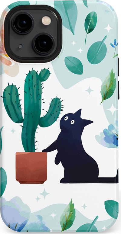 Casetastic hoesje geschikt voor Apple iPhone 13 mini - MagSafe - Dubbellaagse bescherming - Cactuskat - Fashion Case - Lichtgrijs Turquoise Wit Mintgroen