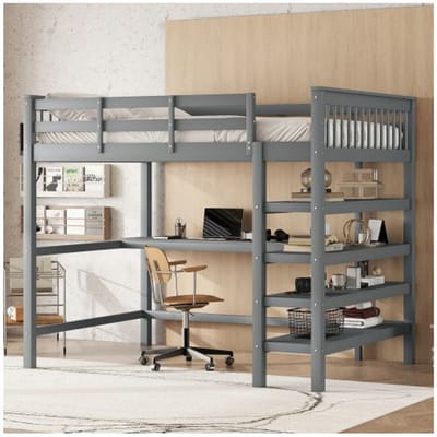 Verhoogd kinderbed - MUVOE - 140 x 200 cm - Geïntegreerd bureau - Opbergruimte onder het bed - Grijs grijs