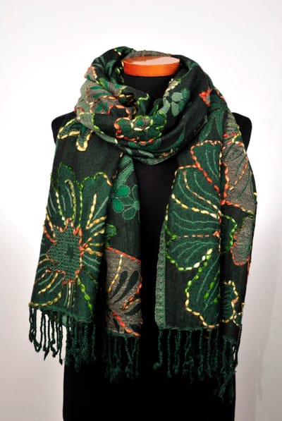 Wollen geborduurde sjaal en omslagdoek Donkergroen Bloem, Merino wol, 72*190 cm