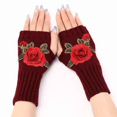 Vingerloze Gebreide Handschoenen voor Dames – Warme Wollen Polswarmers met Geborduurde Bloemen – Herfst Winter Mode Accessoire