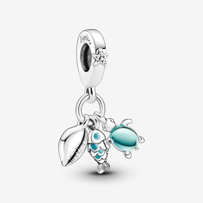 Fler® | Bedel | Past op populaire bedelarmbanden (standaard - 3mm) | Vis, Zeeschildpad en Schelp Bedel | Hangbedel Charm | 925 sterling zilver | Tweekleurig blauw en groen Muranoglas Blauwe Emaille | Armband Kraal | Valentijnsdag Cadeau | Sinterklaas