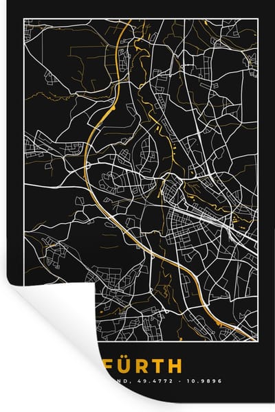 Muurstickers - Sticker Folie - Black and Gold – Stadskaart – Fürth – Duitsland – Plattegrond – Kaart - 20x30 cm - Plakfolie - Muurstickers Kinderkamer - Zelfklevend Behang - Zelfklevend behangpapier - Stickerfolie