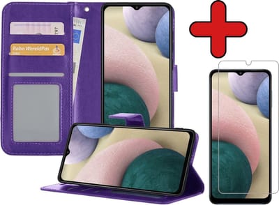 Hoesje - Met Screenprotector - Geschikt voor Samsung Galaxy A12 - Luxe Pasjeshouder - Flipcase - Bookcase Portemonee - Flip Case - Kunstleer Book Case - Book Cover - Walletcase - Portemonneehoes - Telefoonhoes - Paars