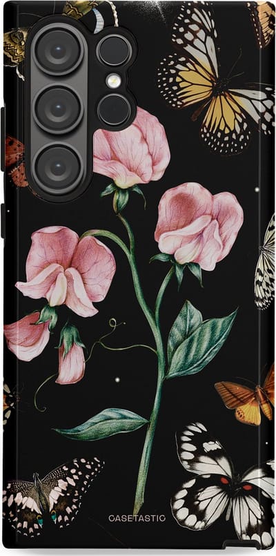 Casetastic hoesje geschikt voor Samsung Galaxy S23 Ultra - Dubbellaagse bescherming - Vleugels en bloemen - Fashion Case - Zwart Grijs Taupe