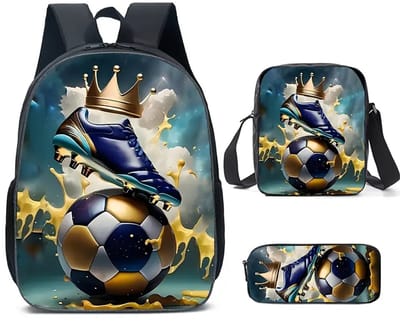 Voetbalschoen Rugzak set met etui en koeltas | Voetbalpatroon Rugtas | Voetbal met Kroon Rugzak | Rugzak Meisje | Rugzak Jongens | Mooie rugzakken met Voetbal | 15 liter | Kinder Rugzak voetbalset