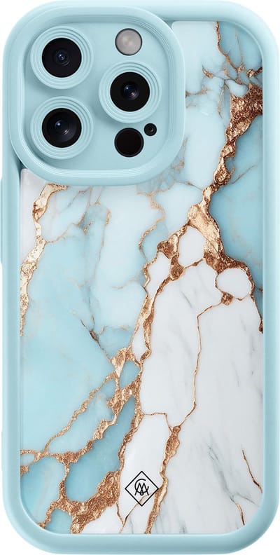 Casimoda® hoesje - Geschikt voor iPhone 15 Pro - Marmer Lichtblauw - Effen telefoonhoesje met lensbescherming - Siliconen/TPU - Backcover - Blauw
