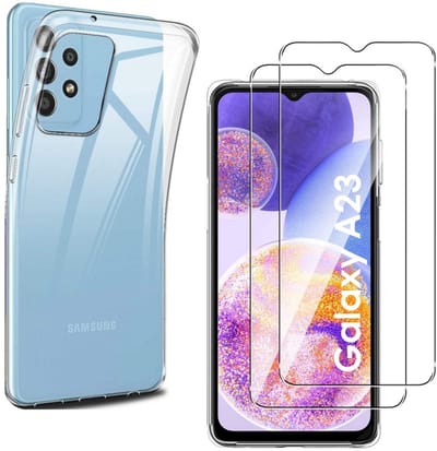 Hoesje Ultraslank geschikt voor Galaxy a23 backcover siliconen Transparant en 2 stuks ScreenProtector Gehard Glas