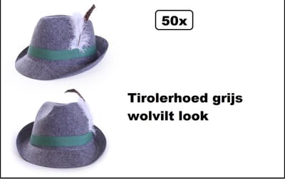 50x Tiroler jagershoedje grijs - Oktoberfest - hoedje met veer en groene band lederhosen Tirol grijze bierfeest