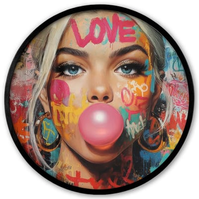 Poster in lijst Rond - Fotolijst 40x40 cm - Posters - Vrouw - Kauwgom - Graffiti - Love - Ronde posterlijst zwart - Decoratie - Wanddecoratie woonkamer - Muurdecoratie slaapkamer