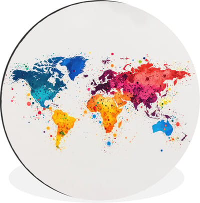 WallCircle - Wandcirkel - Muurcirkel - Wereldkaart - Graffiti - Kleurrijk - Aluminium - Dibond - 30x30 cm - Binnen en Buiten