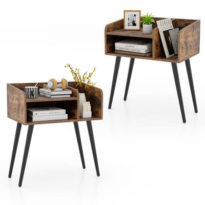 COSTWAY Nachtkastje, set van 2, bijzettafel met open vak, salontafel met metalen steunpoten, nachtkastje, nachtkastje voor slaapkamer, woonkamer, 50 x 32 x 58 cm (rustiek bruin)