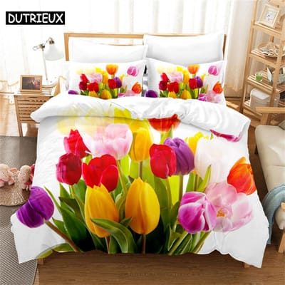 Tulpenscène Queen Size Bedsprei Set Bedsprei Kinderkamer Bed Set Dekbedovertrek Set King Size Maat Bedsprei Set Beddengoed Sets EU single(135x200cm)&set
