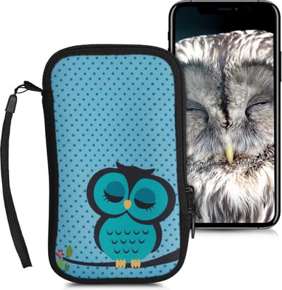 kwmobile hoesje voor smartphones L - 6,5" - hoes van Neopreen - Slapende Uil design - turquoise / bruin / mintgroen - binnenmaat 16,5 x 8,9 cm