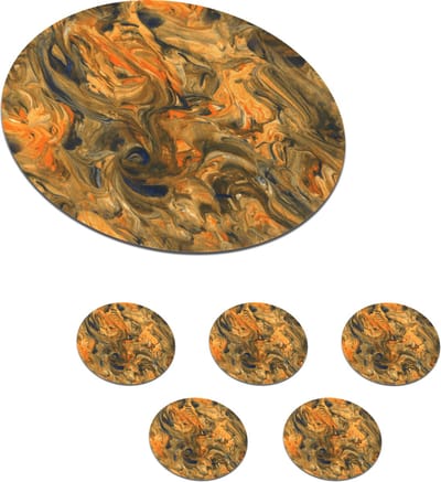 Onderzetters voor glazen - Rond - Verf - Bruin - Oranje - Marmer print - Design - 10x10 cm - Glasonderzetters - 6 stuks