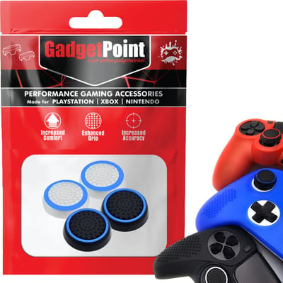 Gadgetpoint - Thumb Grips voor PlayStation, PS5, Xbox X/S, One & Switch Pro Controller - Gaming Thumbgrips - Performance Anti-Slip Thumbsticks - Bescherming Accessoires - Wit Lichtblauw en Zwart Lichtblauw