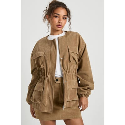 boohoo Dames Suede-look kraagloze jas met getailleerde taille | Taupe | Maat: 8