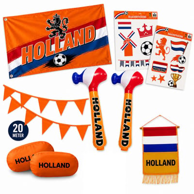 Holland Feestpakket WK 2026 – Oranje Decoratiepakket met Gevelvlag, Raamstickers, Opblaasbare Hamer & Vlaggenlijn