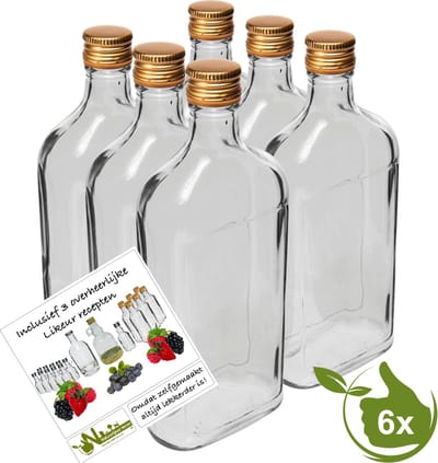 Glazenflesjes "Drupke" 500ml (6 stuks) inclusief 3 recepten- mini flesjes - heupflesje - likeurflesje
